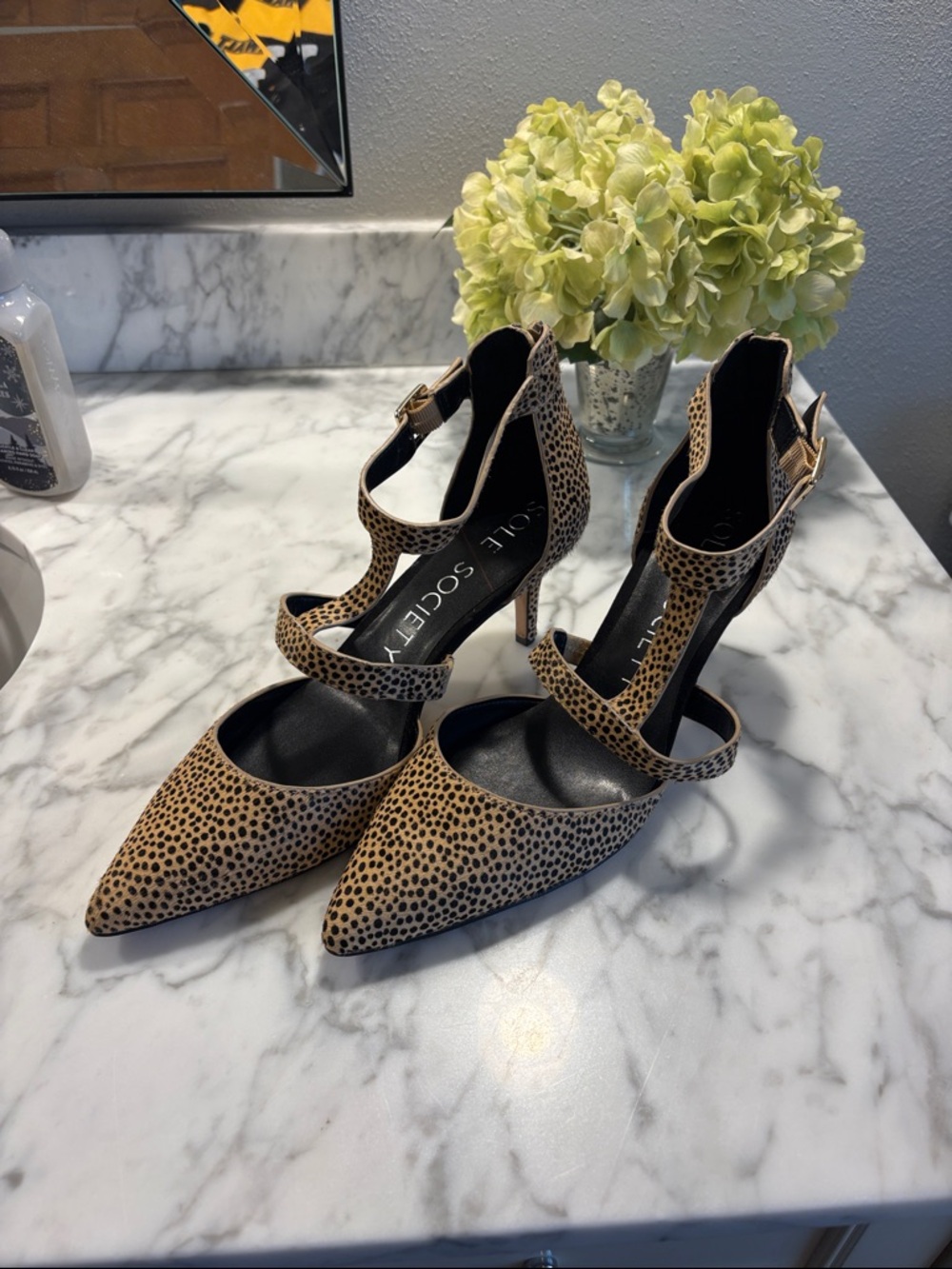 Sole Society Leopard Spot Pointed-Toe Ankle-Strap Heels - Tan/Black